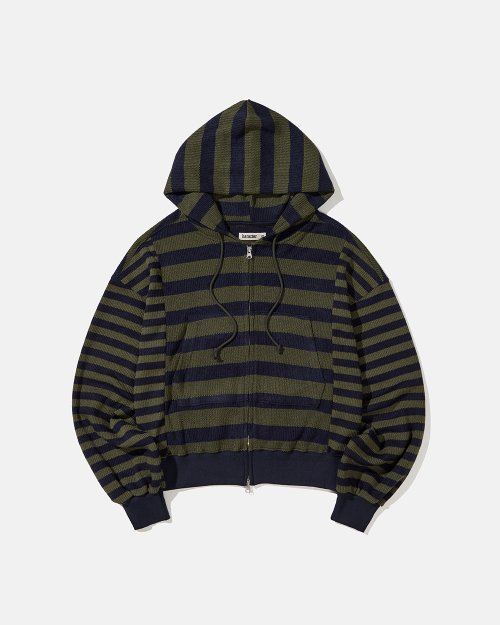 [카락터] Striped knit hooded zip up / Khaki blue세니틴크