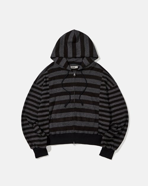 [카락터] Striped knit hooded zip up / Black charcoal세니틴크